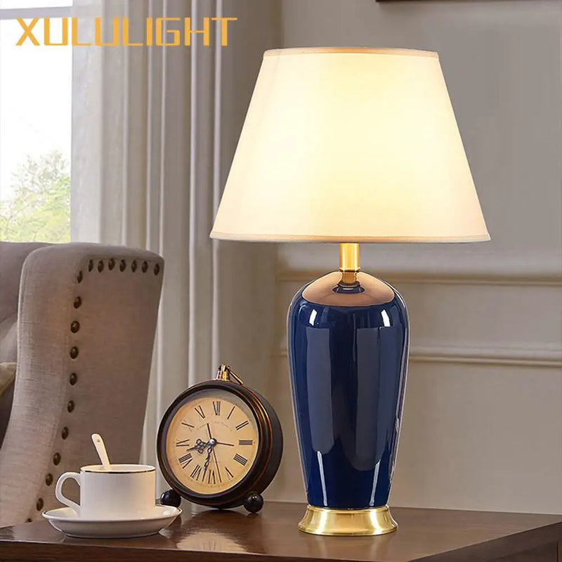 Afralia™ Dark Blue Ceramic Table Lamp with Remote Control for Bedroom and Living Room