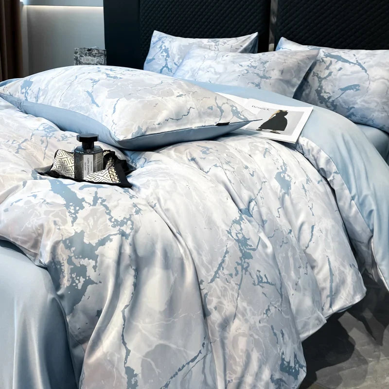 Afralia™ Black Grey Marble Ice Silk Duvet Cover Set - Luxury Cooling Comfort, Nordic Style