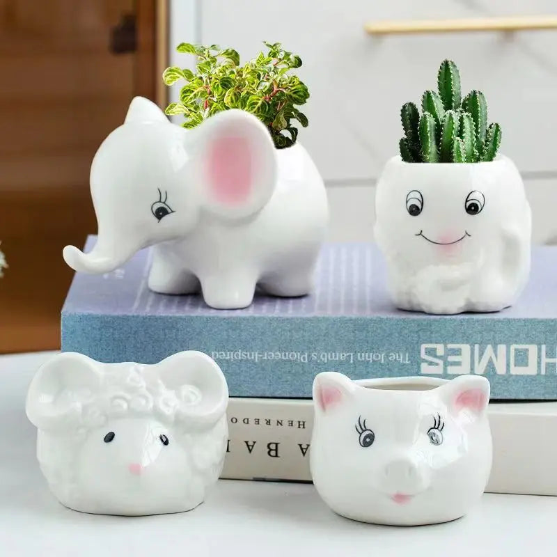 Afralia™ Animal Cartoon Ceramic Flowerpot for Nursery Planting - Cute Rabbit Elephant Sheep Octopus