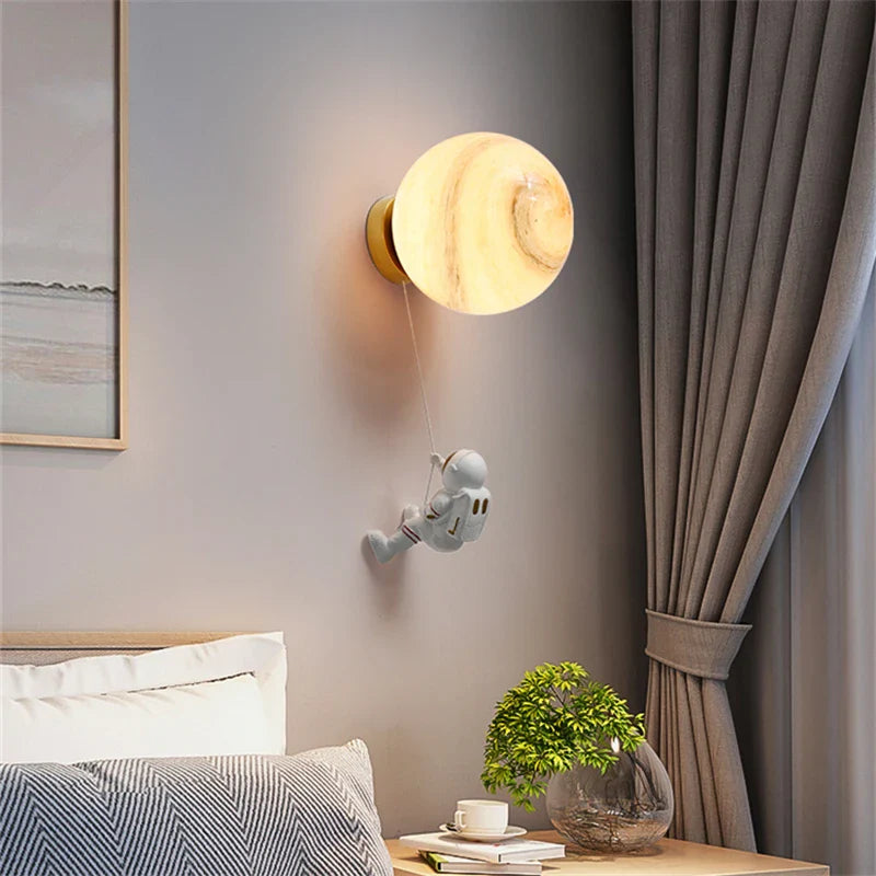 Afralia™ Astronaut Moon Wall Lamp: Modern Minimalist Kids Bedroom Background Light