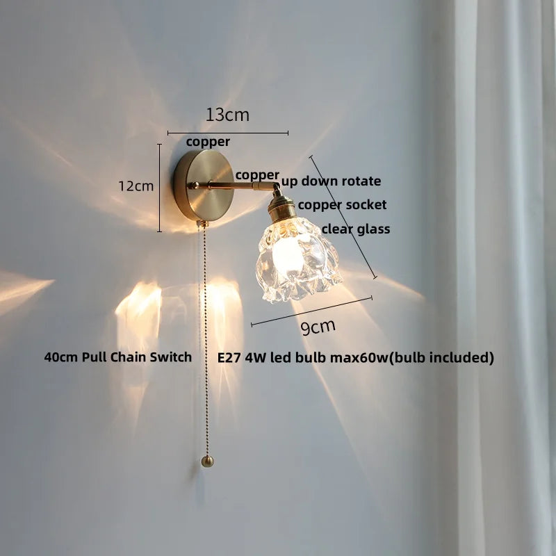 Afralia™ Tiffany Blue Glass LED Wall Sconce Rotate Copper Pull Chain Switch Light