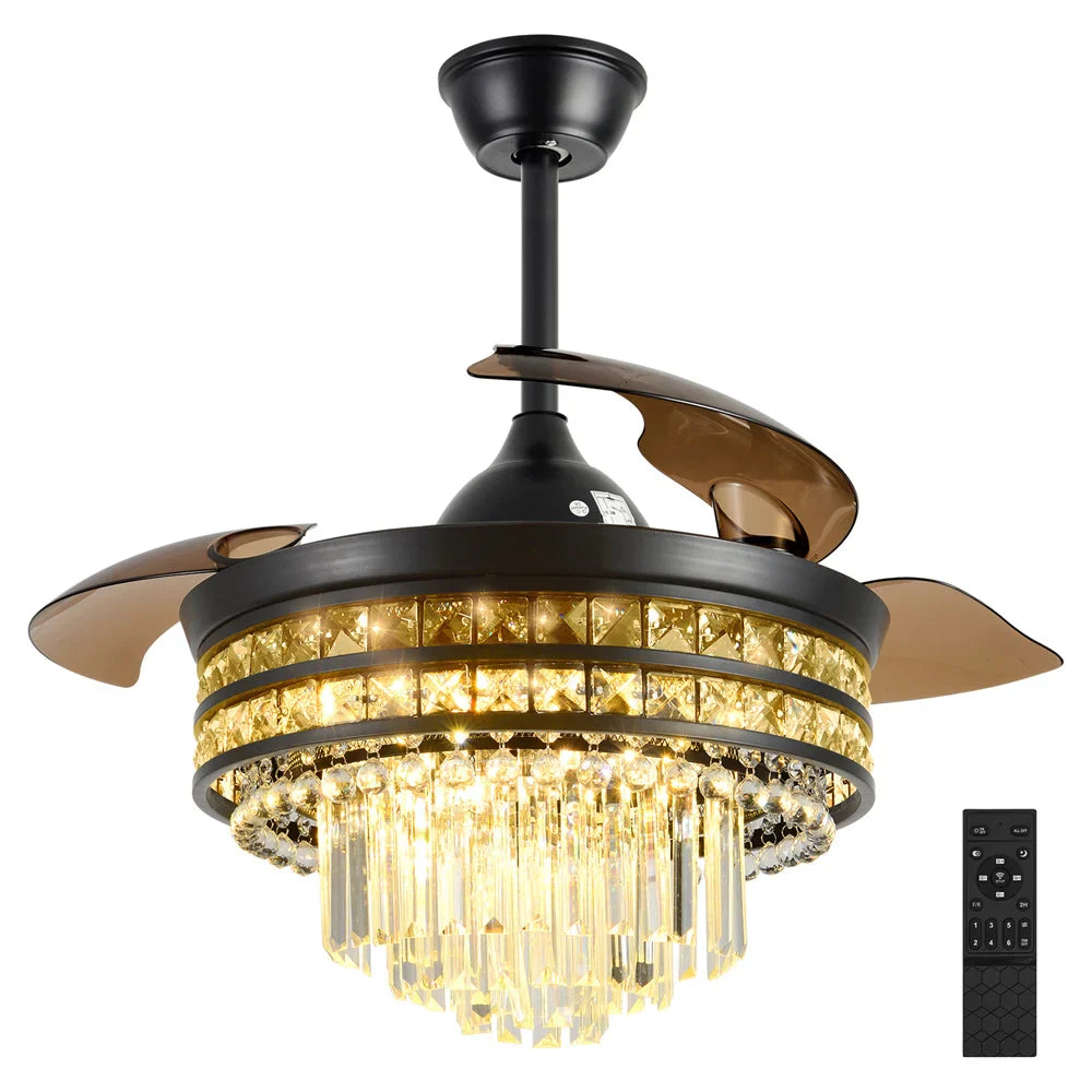 Afralia™ Crystal Fandelier Ceiling Fan with Retractable Chandelier & Invisible Blades