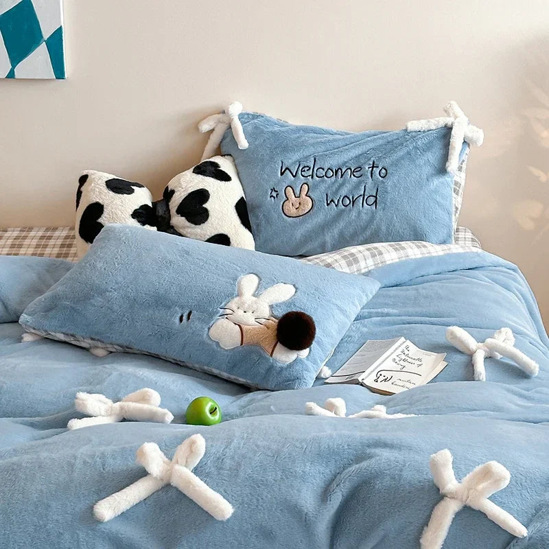 Afralia™ Bow-knot Embroidered Velvet Duvet Bedding Set cozy winter bedding with pillowcase