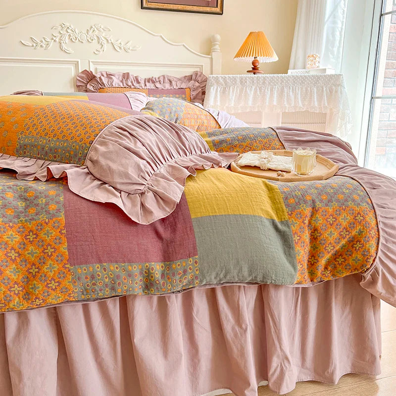 Afralia™ Vintage Cotton Double Layer Bedding Set with Ruffles & Pleat Details