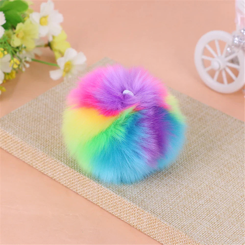 Afralia™ Rainbow Fluffy Ball Keychain Handbag Charm Bunny Pom Pom