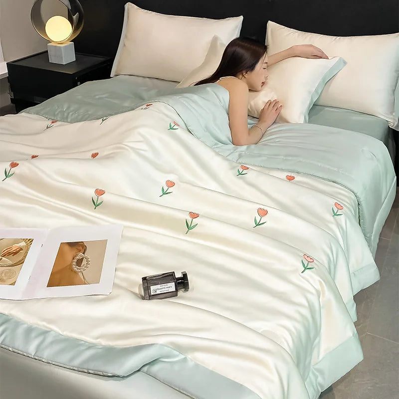Afralia™ Bowknot Embroidered Summer Bedding Set - Soft & Skin-friendly Quilt, Duvet, Pillowcases
