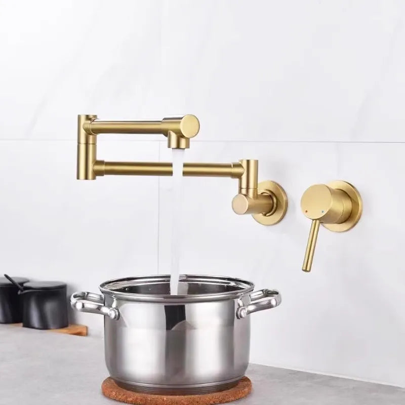 Afralia™ Black Brushed Gold Kitchen Faucet Wall Mounted Foldable Pot Filler Tap