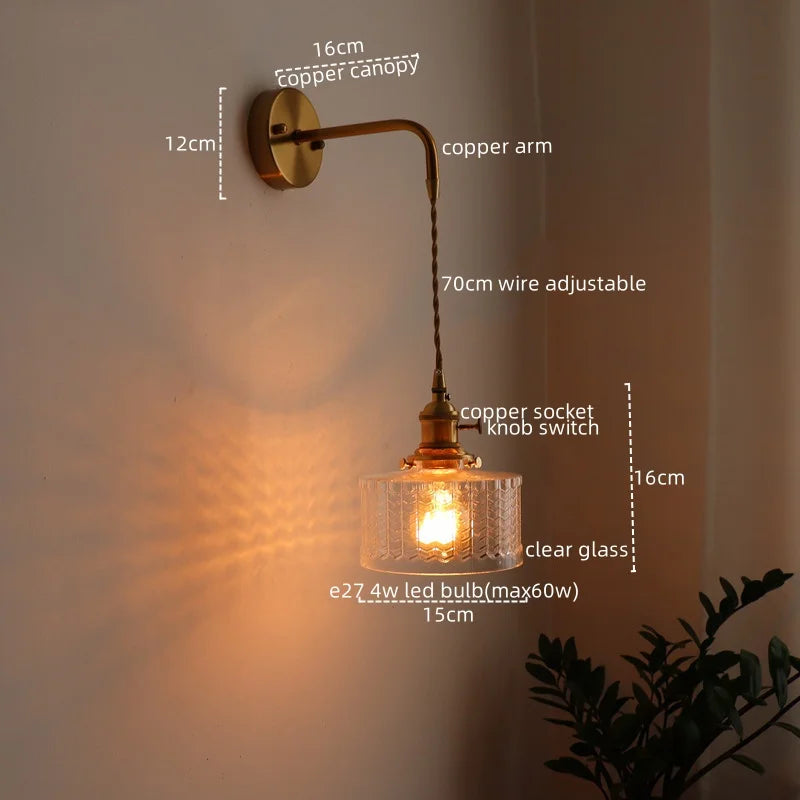 Afralia™ Vintage Green Glass Copper LED Wall Lights Pull Chain Switch Hallway Bedroom Balcony Wall Lamp