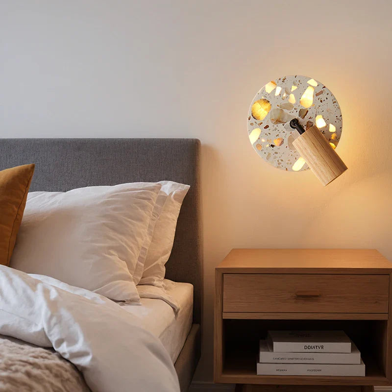 Afralia™ Terrazzo LED Wall Lights Iron Rotate Pull Chain Switch Wood Bedside Lamp
