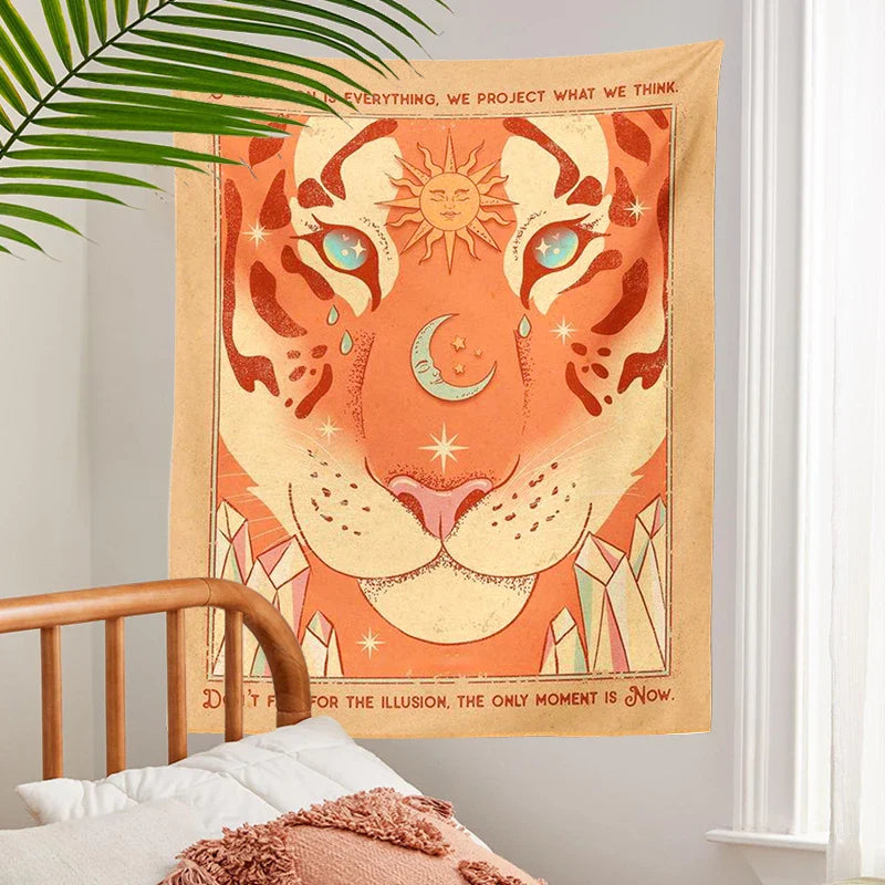 Afralia™ Vintage Tarot Tiger Leo Sun Moon Tapestry Wall Hanging