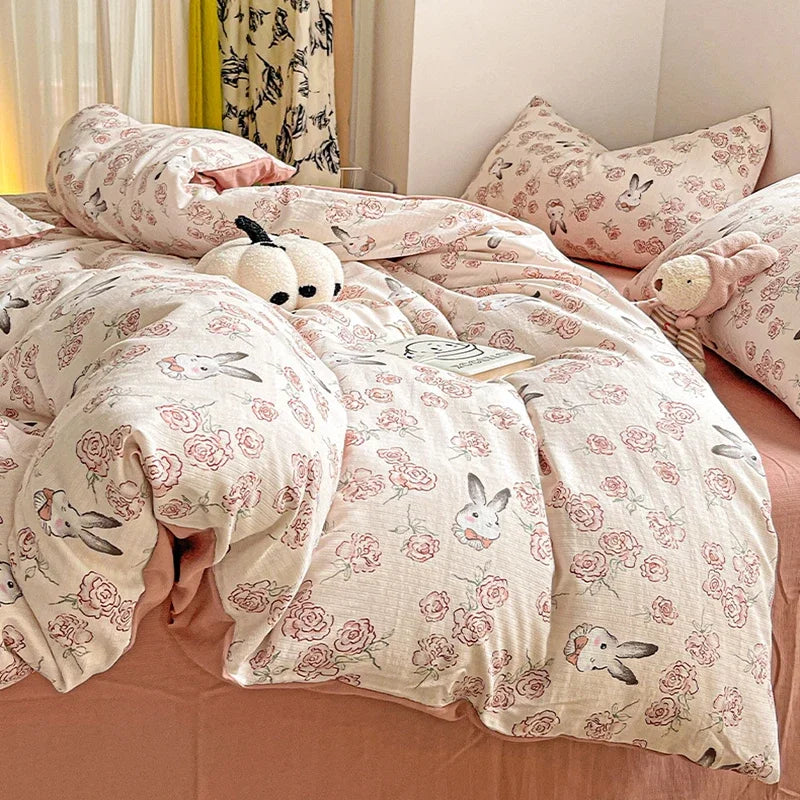 Afralia™ Cotton Flower Printed Comforter Set: Breathable Double-Layer Yarn, Soft Bedding for Girls