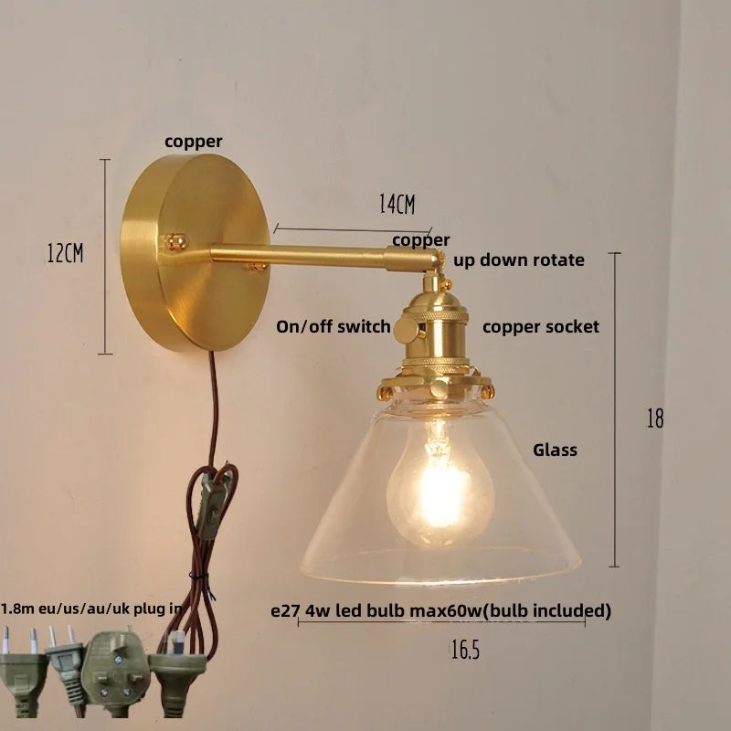 Afralia™ Nordic LED Wall Light Fixture Glass Up Down Rotate Copper Bedside Lamp