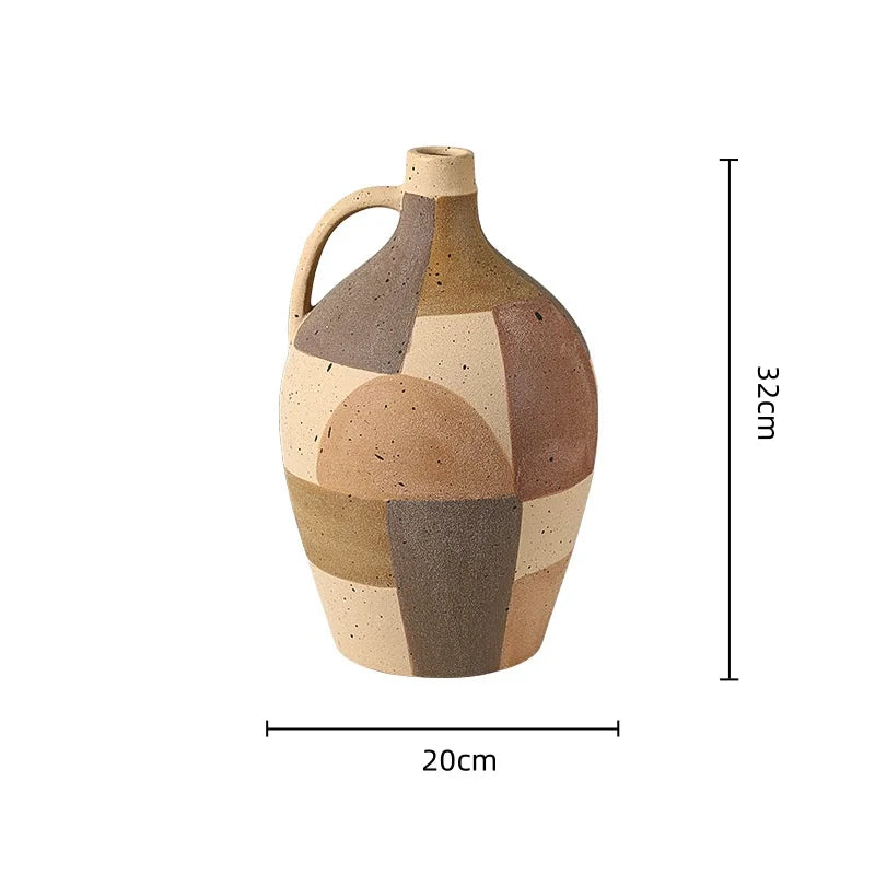 Afralia™ Checkered Color-blocked Ceramic Vase with Geometric Handle