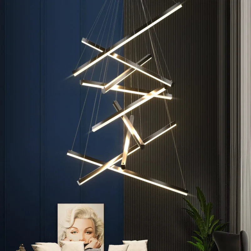 Afralia™ Modern Minimalist Black Line Ceiling Chandelier for Living Room Villa Staircase