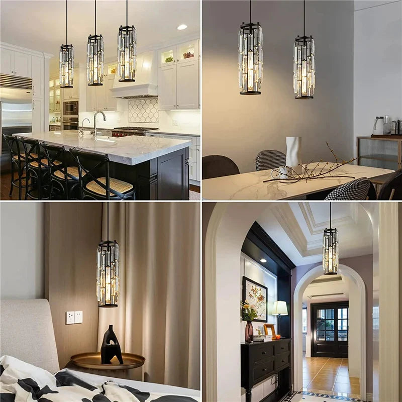 Afralia™ Modern Black Crystal Pendant Chandelier for Kitchen Bedside Entryway Staircase Hallway