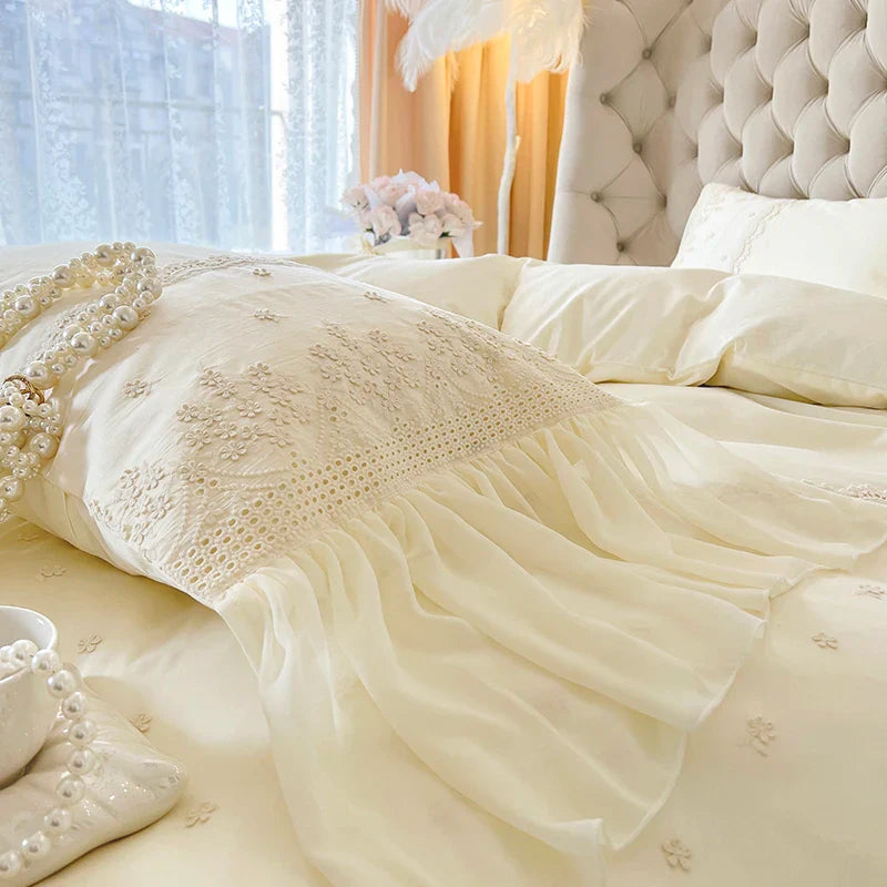 Afralia™ French Vintage Lace Ruffles Beige Cotton Princess Wedding Bedding Set