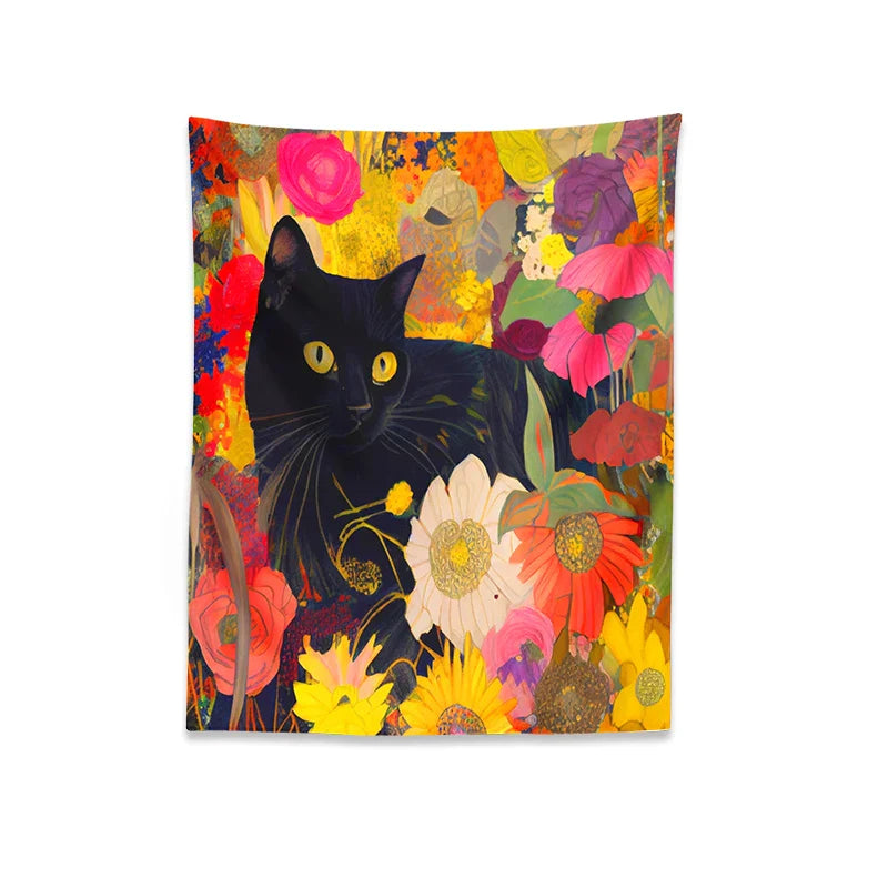 Afralia™ Cat Print Poster: Funny Black Cat in Floral Bouquet - Boho Home Decor