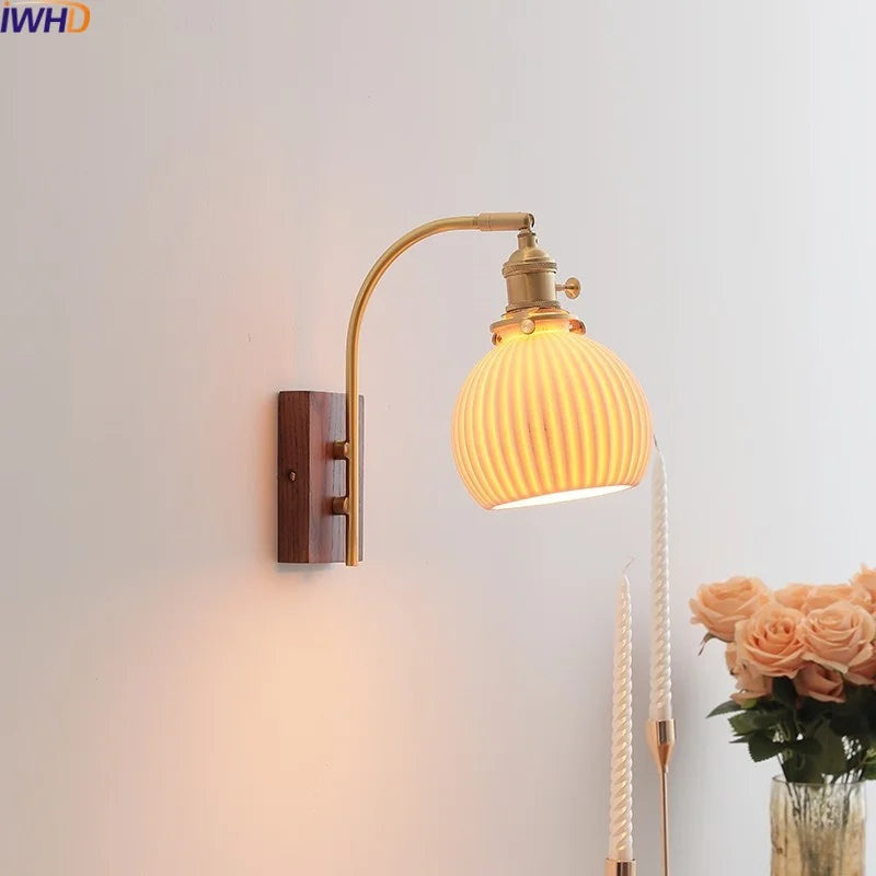 Afralia™ Ceramic Walnut LED Wall Lights Modern Bedside Lamp - Knob Switch