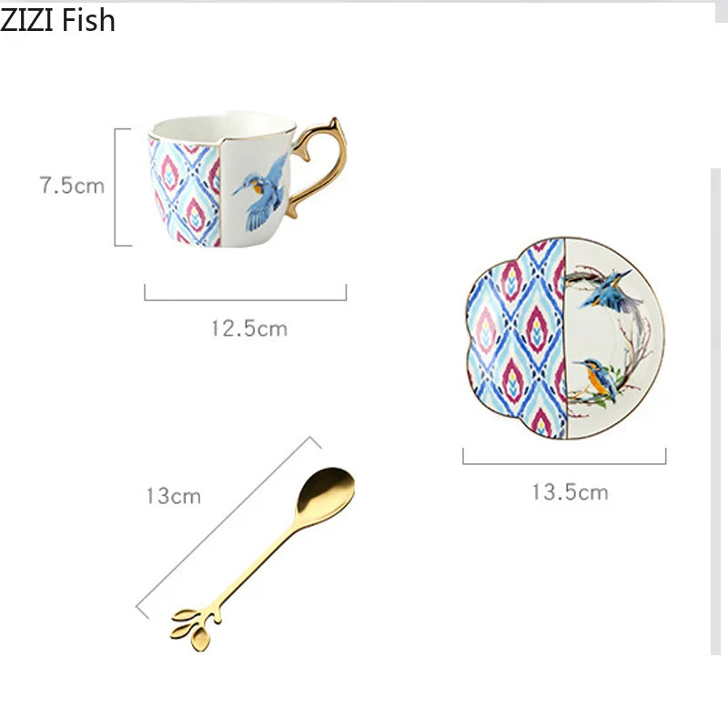 Afralia™ Flowers Bird Pattern Ceramic Tea & Coffee Mug Saucer Set Dining Table Cup