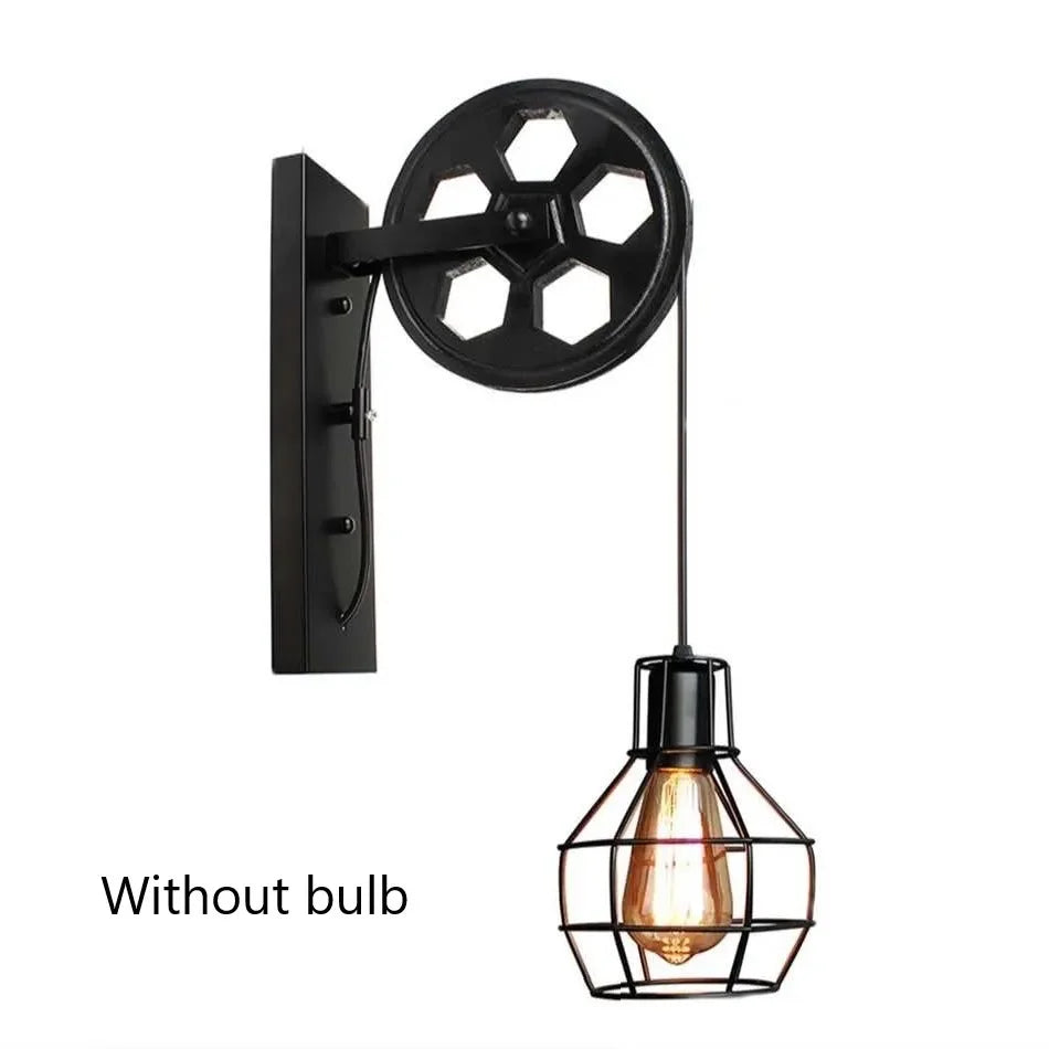 Afralia™ Wrought Iron Pulley Wall Lamp for Home Bedroom Sconce Lighting Fixture E27