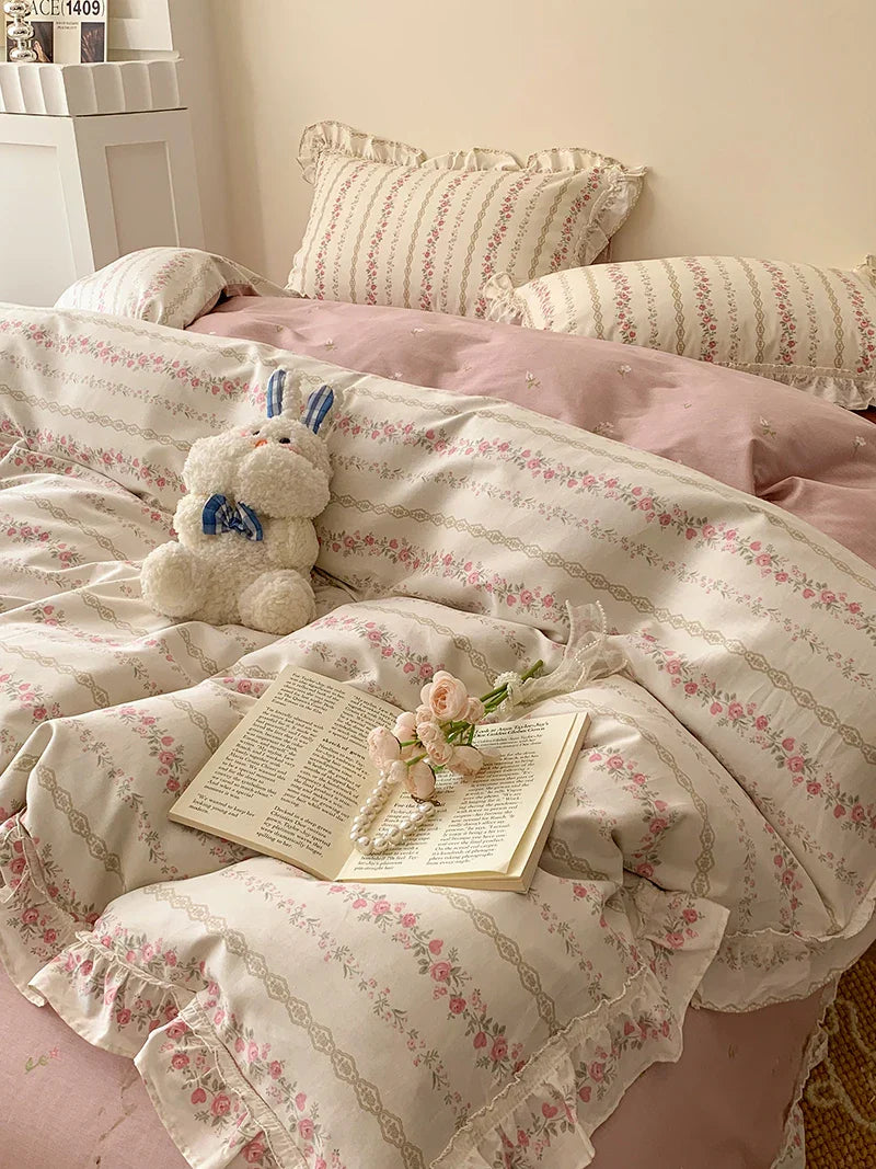 Afralia™ Floral Lace Ruffles Girl Bedding Set with Quilt/Duvet Cover, Sheet & Pillowcases