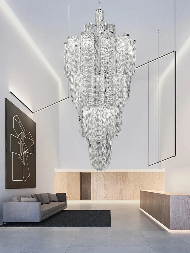 Afralia™ Waterfall Crystal Pendant Light in Silver/Gold - Elegant High Ceiling Villa Duplex Lamp