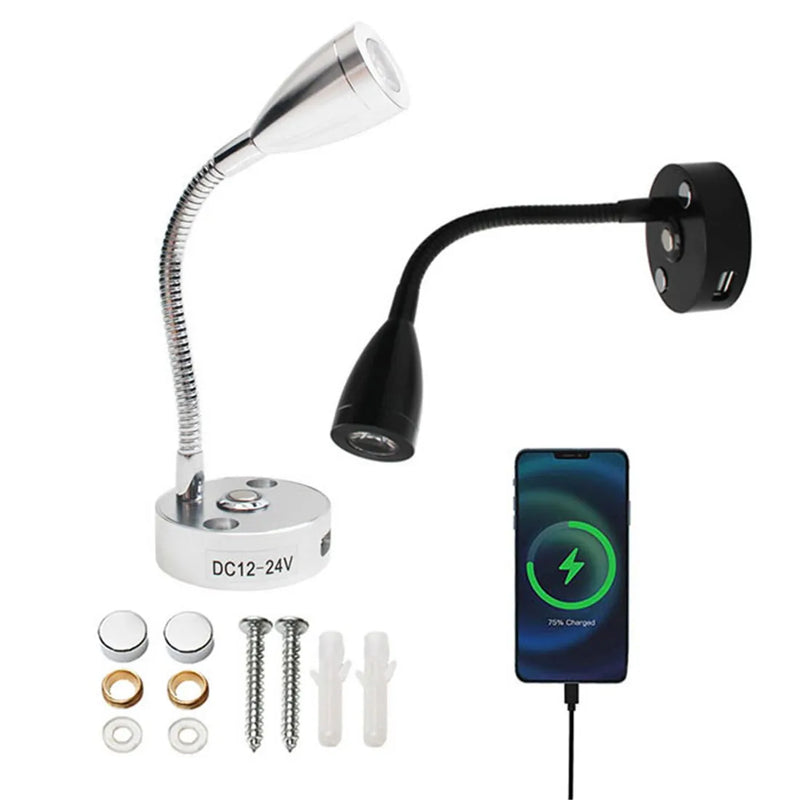 Afralia™ Flex Neck LED Wall Lamp with Touch Dimmer and USB Output Socket