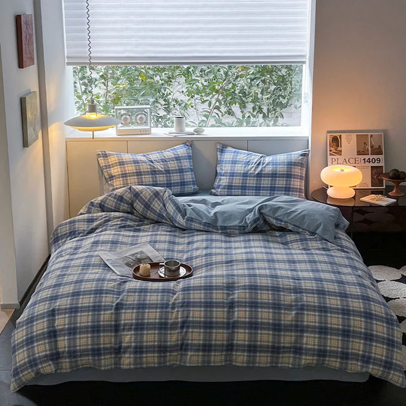 Nordic Grid Print Bedding Set in Wash Cotton Linen for Single Double Bed by Afralia™