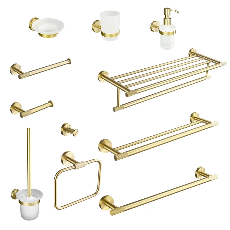 Afralia™ Brushed Gold Brass Bathroom Accessories Set: Hand Towel Bar, Toilet Paper Holder, Robe Hook