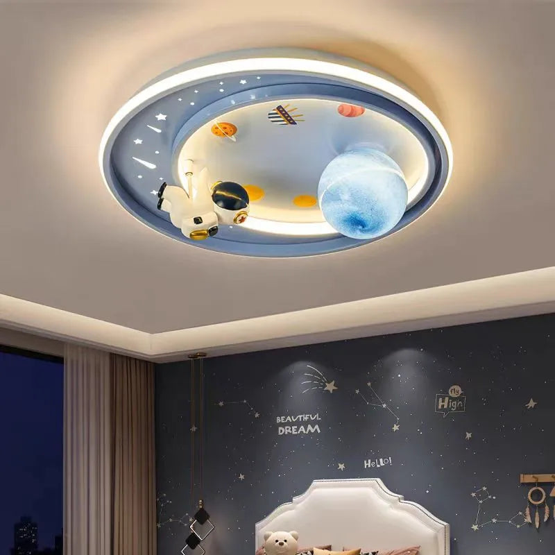 Afralia™ Kids Moon Astronaut LED Ceiling Light for Eye Care in Blue Pink Carton Theme