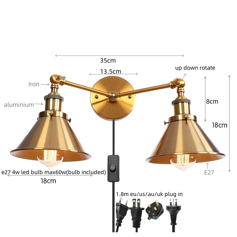 Afralia™ Loft Iron LED Wall Lamp 2 Heads Living Room Vintage Industrial Style Light