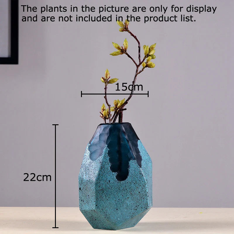 Afralia™ Modern Blue Glass Vase Geometric Texture Desk Decor Flowers Arrangement