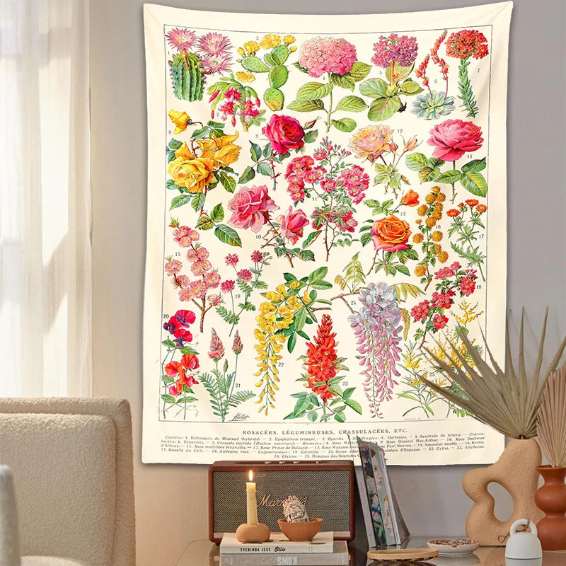 Afralia™ Botanical Floral Tapestry Wall Hanging Garden Flower Illustration Cactus Boho Hippie Dorm Decor