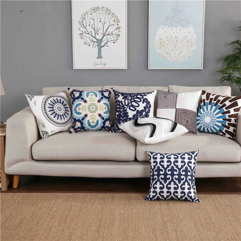 Afralia™ Blue Floral Mandala Leaves Wave Embroidered 45x45cm Cotton Pillow Cover