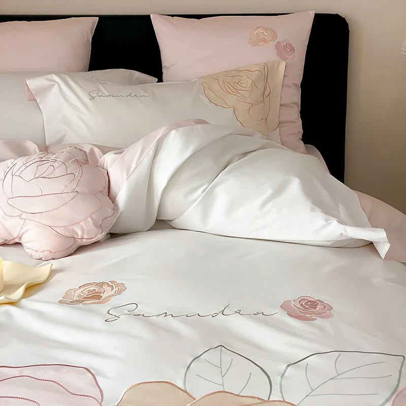 Afralia™ Luxury Rose Flowers Embroidery Bedding Set 1000TC Egyptian Cotton Duvet Cover Set