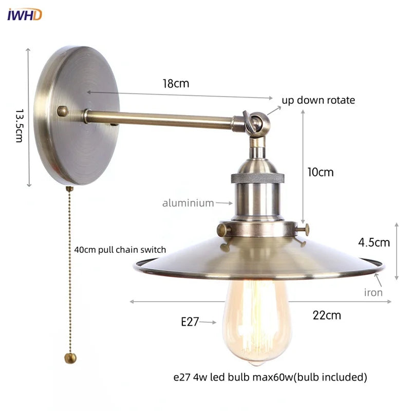 Afralia™ Loft LED Wall Lamp with Gold Pull Chain Switch for Vintage Industrial Style