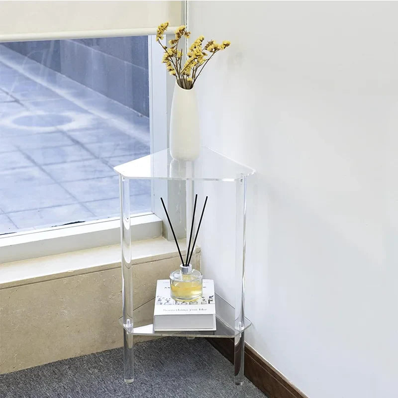 Afralia™ Clear Acrylic Corner End Table for Small Spaces, Modern Small Accent Table for Living Room