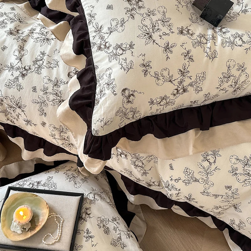 Afralia™ Vintage Floral Cotton Ruffles Princess Bedding Set with Double Layer