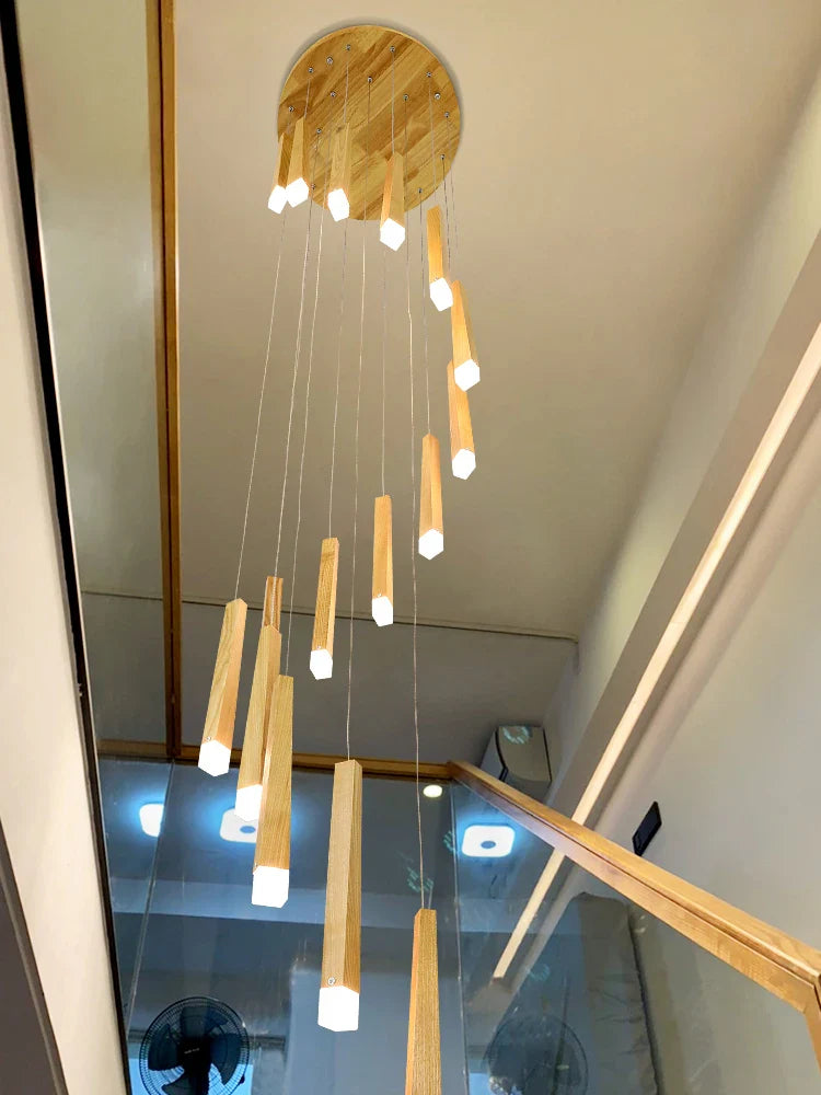 Afralia™ Wooden Chandelier: Modern LED Staircase Hanging Light