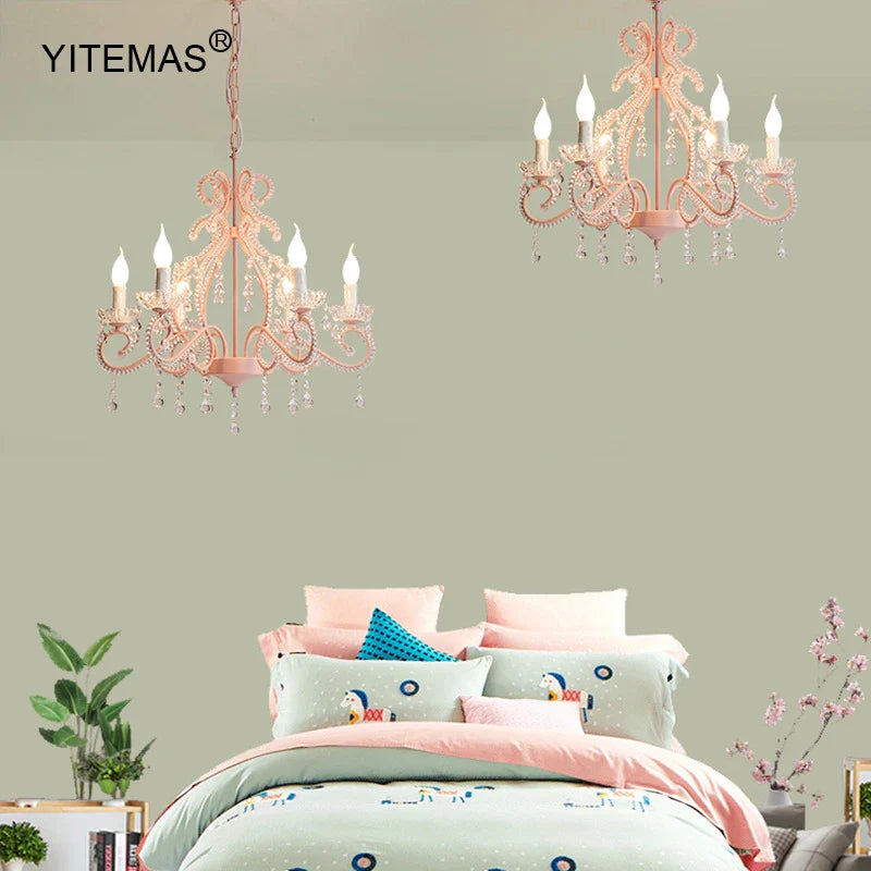 Afralia™ Pink Crystal Chandelier for Daughter's Room, Princess Style Hanging Lighting, Girls Bedroom Chandelier