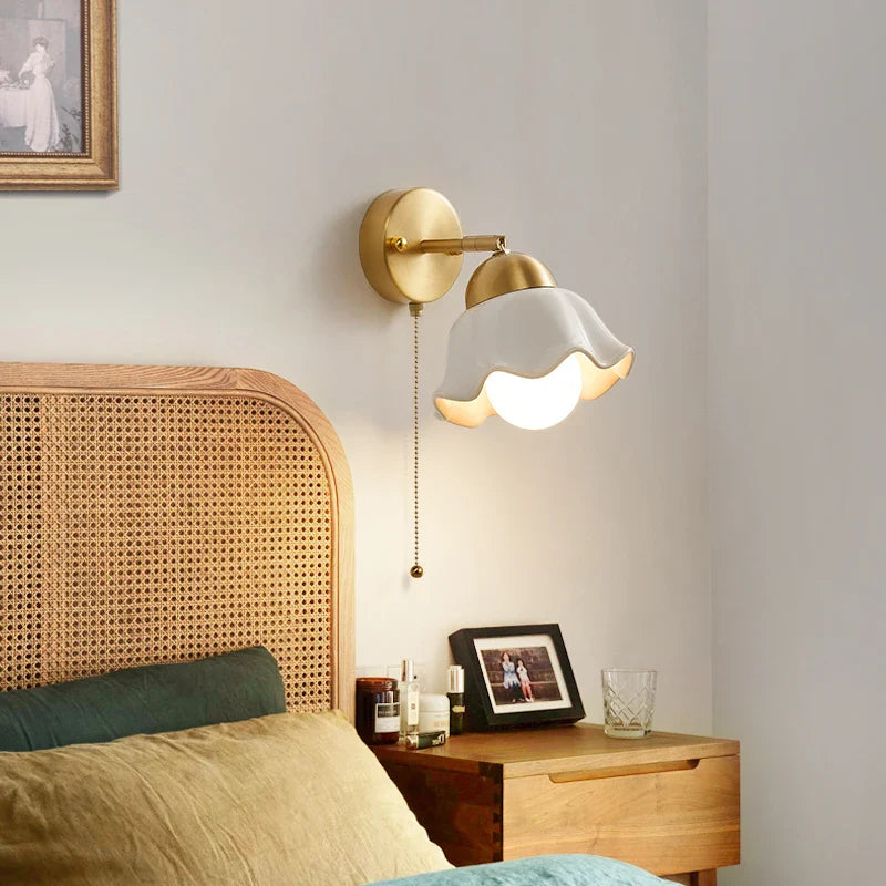 Afralia™ Copper LED Wall Light Fixture Pull Chain Switch Reading Dining Room Bedside Lamp
