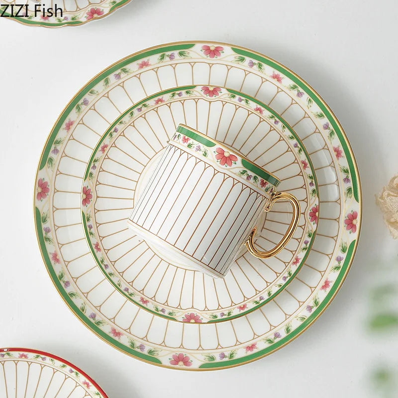 Afralia™ Gold-Striped Ceramic Cup & Saucer Set for Dining Table Coffee Milk Tea Juice