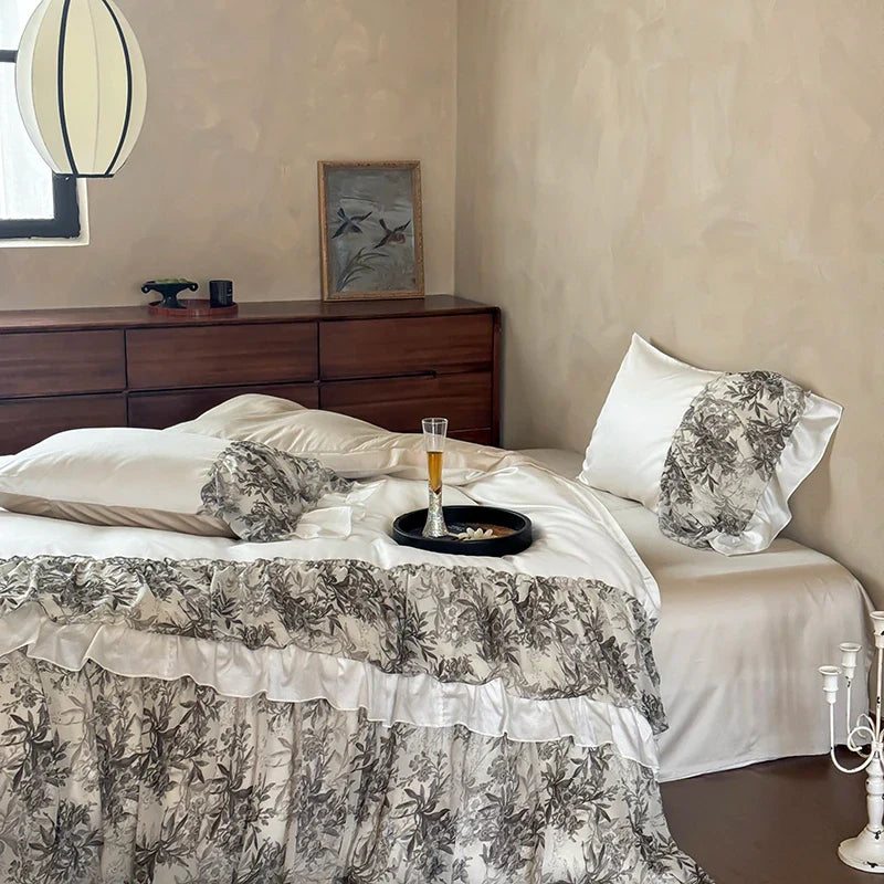 Afralia™ Luxe Lace Ruffles Wedding Bedding Set: Duvet Cover, Bed Sheet, 2 Pillowcases