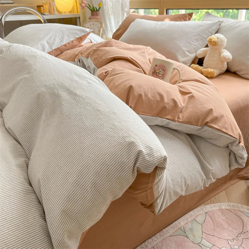 Afralia™ Cotton Striped Bedding Set Yarn Dyed Washed Duvet Cover Single Bedclothes