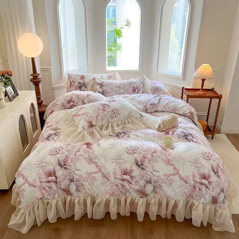 Afralia™ French Vintage Lace Princess Bedding Set with Floral Print Quilt Cover