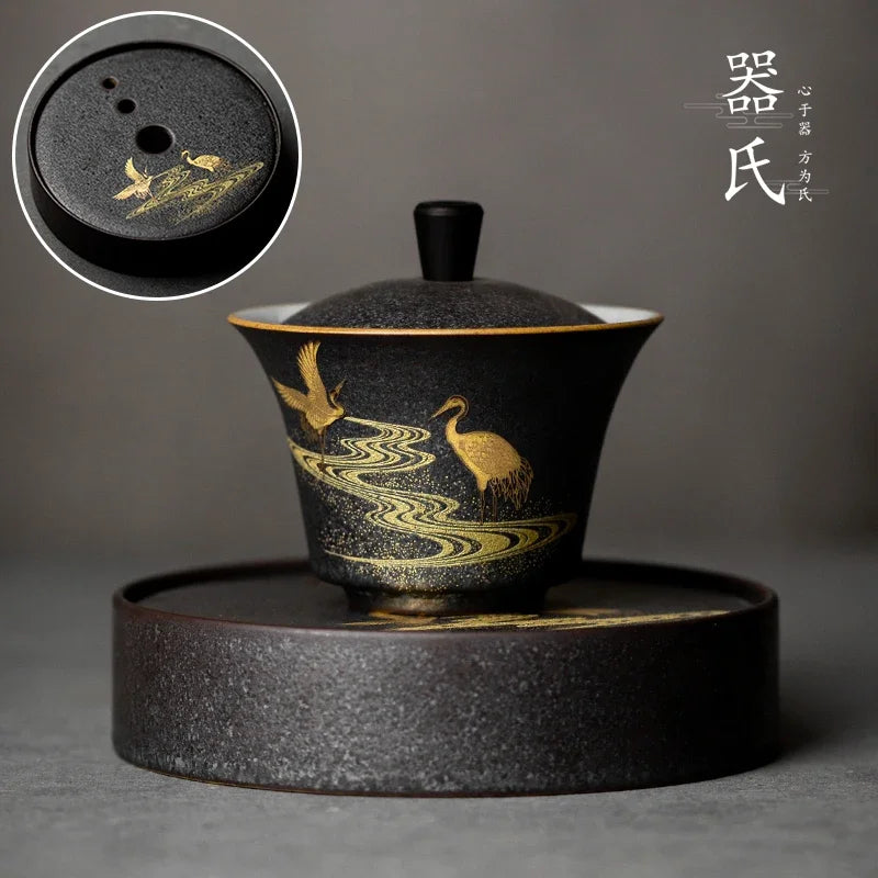 Afralia™ Handmade Ceramic Gaiwan Tea Cup Kung Fu Tea Set Tureen Drinkware