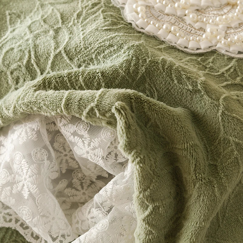 Afralia™ Luxe Carved Velvet Lace Ruffles Bedding Set with Quilted Bed Skirt