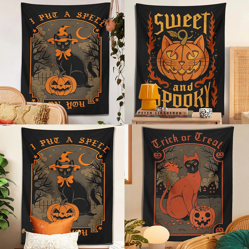 Afralia™ Halloween Cat Tapestry Wall Hanging for Sweet & Spooky Home Decor