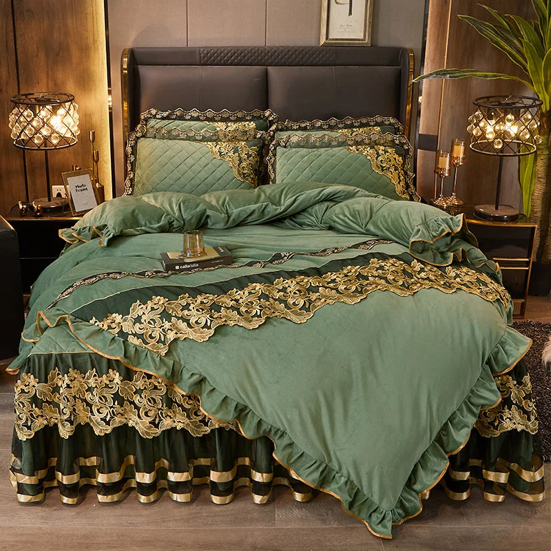 Afralia™ Black Gold Lace Duvet Set, Luxury Crystal Velvet, Quilted Embroidery, Ruffle Bedding