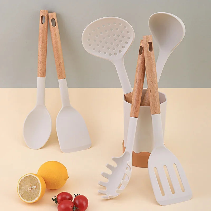 Afralia™ Silicone Kitchen Utensils Set with Wooden Handles and Storage Bin